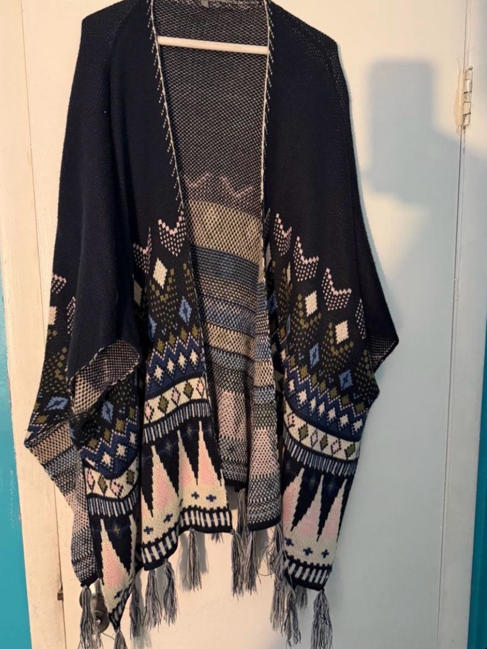 Charlotte Russe Black Open-Front Navy Poncho with Multi-Color Geometric Prints